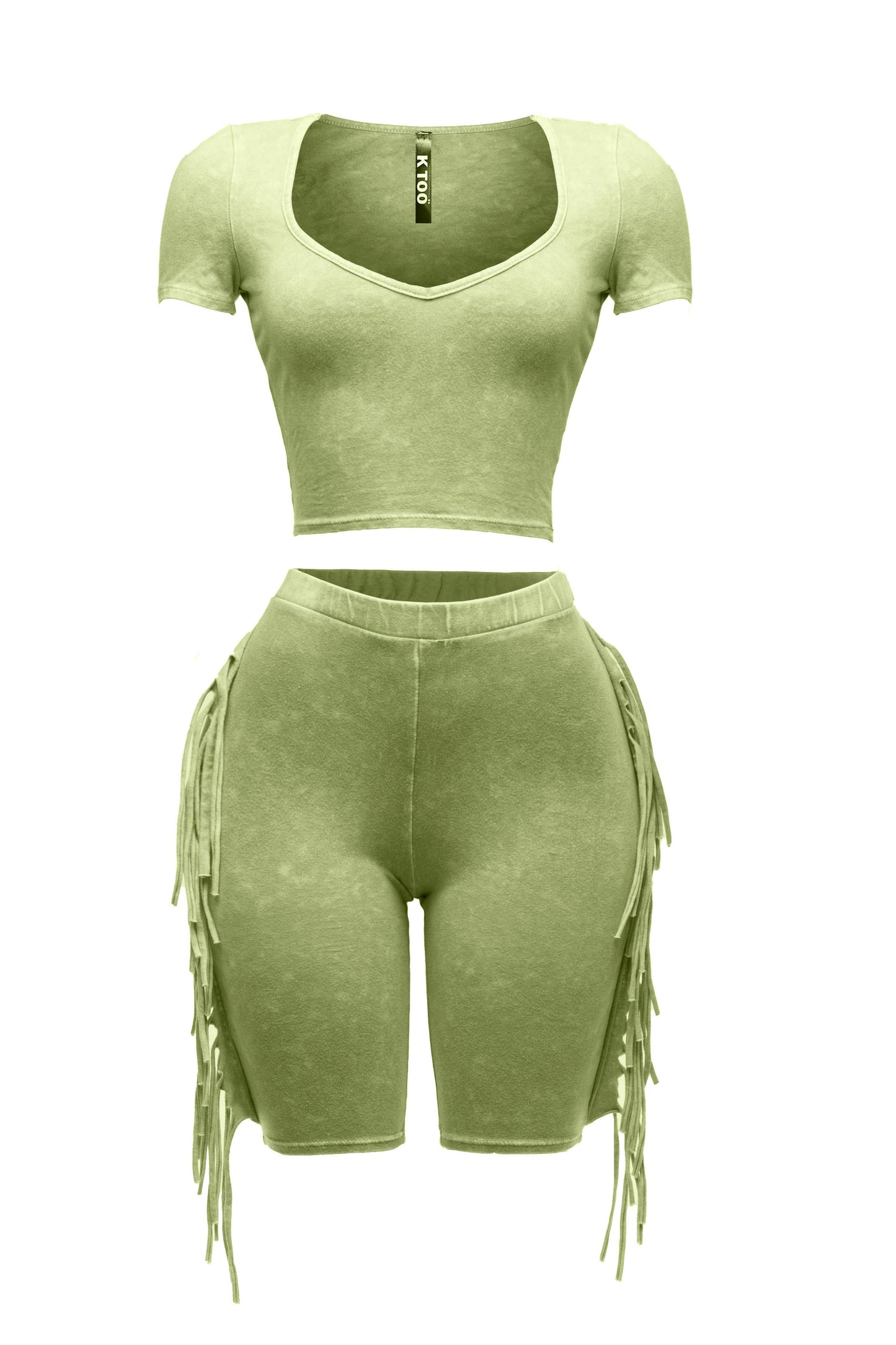 Mineral washed fringe biker set: GREEN / M