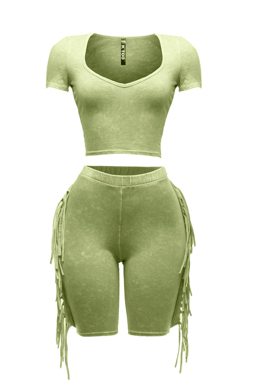 Mineral washed fringe biker set: GREEN / S