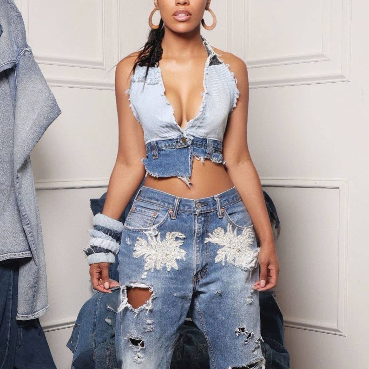 WOMEN SEXY CONTRASTING COLOR SUSPENDER DENIM VEST_CWJV0010