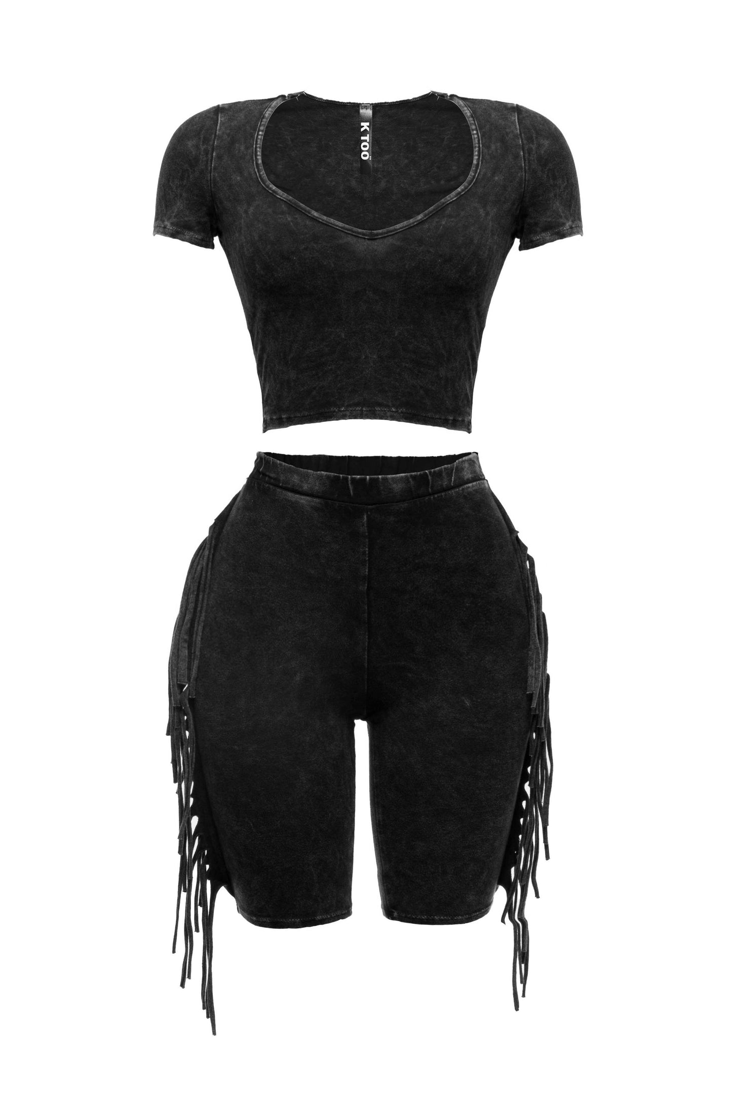 Mineral washed fringe biker set: GREEN / M